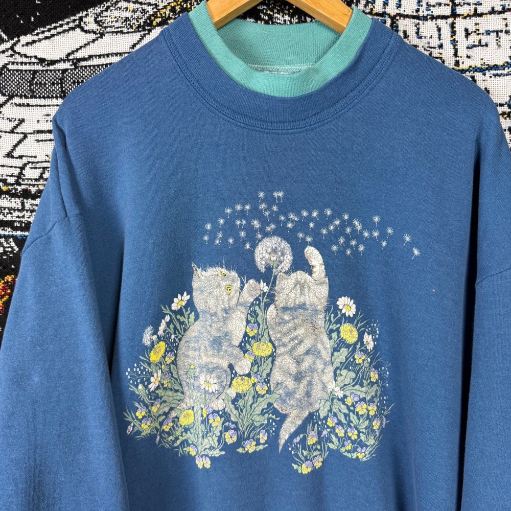 Vintage Daybreak Russell Athletic Kitten Cat Dandelion Sweatshirt Blue 2XL USA